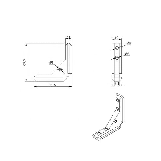 Silver 4040 series 4-hole inside corner bracket with integrated center hole for panel attachment, die-cast aluminium construction dimensions