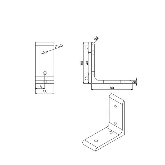 Industrial 4040 series 4-hole lite inside corner tall bracket for T-slot aluminium extrusion, silver finish without gusset dimensions