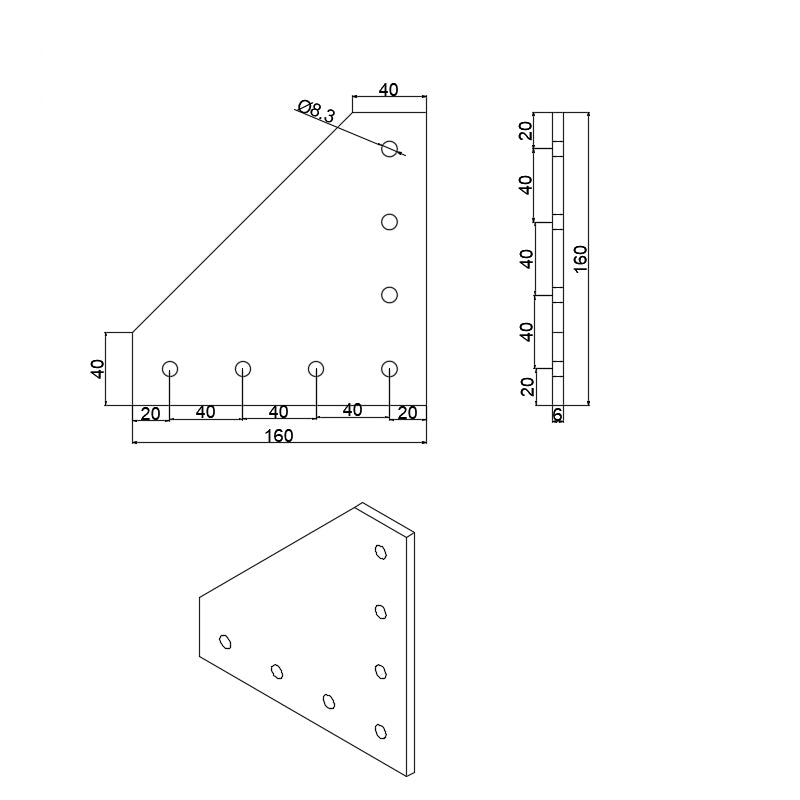 Heavy-duty 7-hole flat L-shape joining plate for 4040 series T-slot aluminium extrusion, silver anodized steel corner connector dimensions