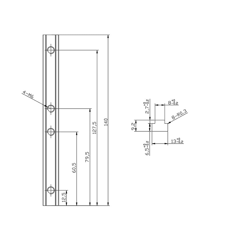 Industrial-grade concealed T-connector and profile joining bar dimensions for 4040 aluminum systems, shown with four M6 internal set screws.