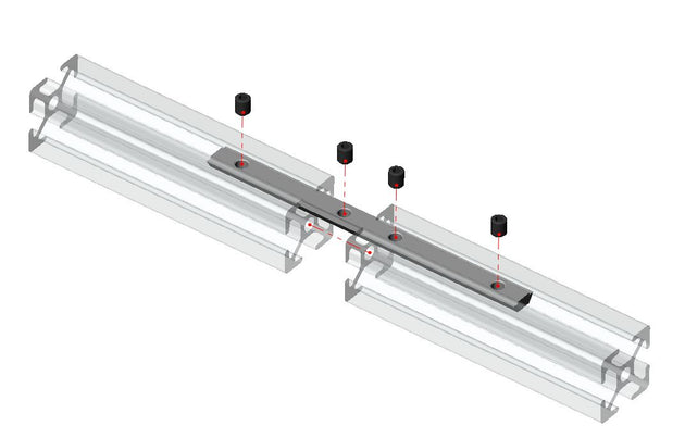 Industrial-grade concealed T-connector and profile joining bar for 4040 aluminum systems, shown with four M6 internal set screws.