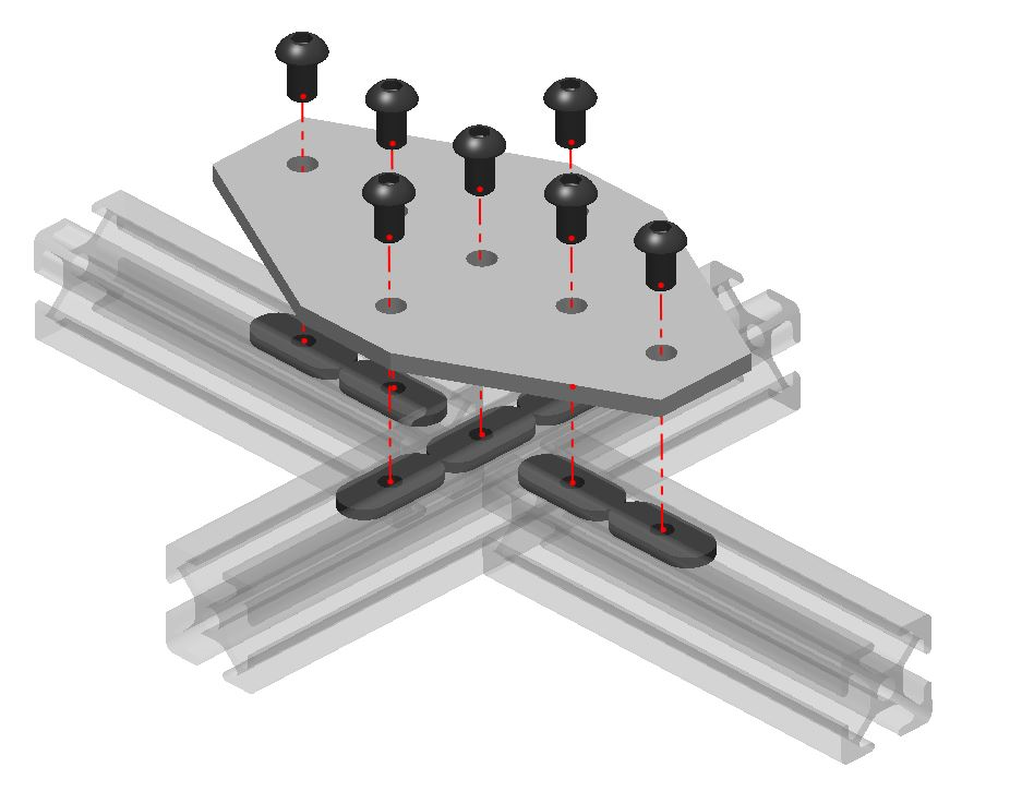 7-hole cross-shape flat joining plate for 4040 series T-slot aluminium extrusion, silver steel 4-way intersection reinforcement