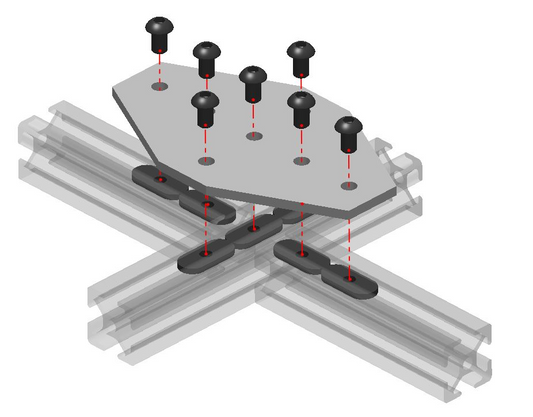 7-hole cross-shape flat joining plate for 4040 series T-slot aluminium extrusion, silver steel 4-way intersection reinforcement