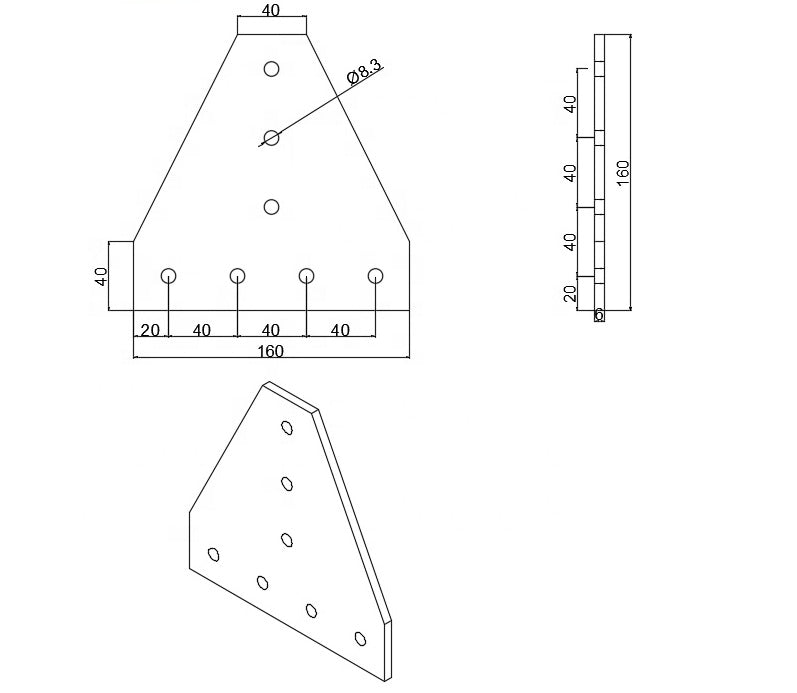 Dimensions for heavy-duty 7-hole Tee shape flat joining plate for 4040 series T-slot aluminium extrusion, extra strong steel reinforcement for T-junctions