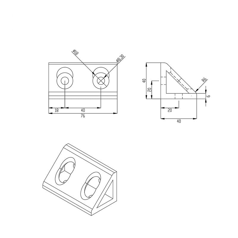Heavy-duty 4080 and 8080 series wide gusseted inside corner bracket, 4-hole die-cast aluminium reinforcement for T-slot profiles dimensions