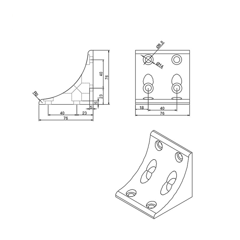 Premium CNC machined billet aluminium 8-hole inside corner bracket with concaved gusset for 4080 and 8080 T-slot profile dimensions