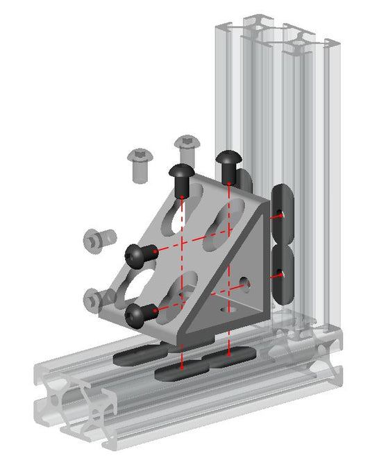 Heavy-duty 8-hole gusseted inside corner bracket for 4080 and 8080 series T-slot aluminium extrusion, reinforced  aluminium construction