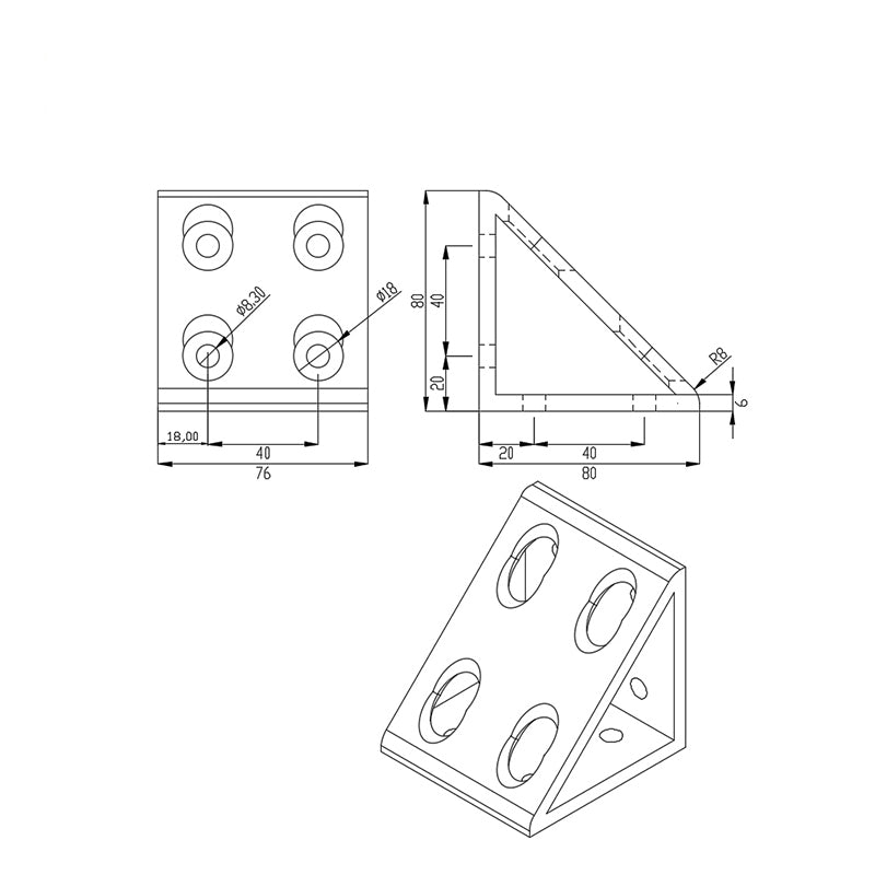 Heavy-duty 8-hole gusseted inside corner bracket for 4080 and 8080 series T-slot aluminium extrusion, reinforced  aluminium construction dimensions