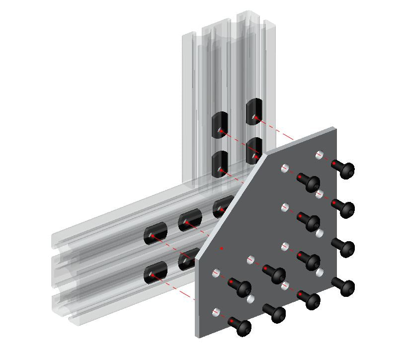 Extra-heavy-duty 12-hole 90-degree flat L-shape joining plate for 4080 and 8080 series T-slot aluminium extrusion, maximum strength steel corner reinforcement