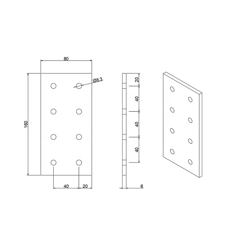 Heavy-duty 8-hole rectangular flat joining plate for 4080 and 8080 series T-slot aluminium extrusion, high-strength steel structural splice connector dimensions