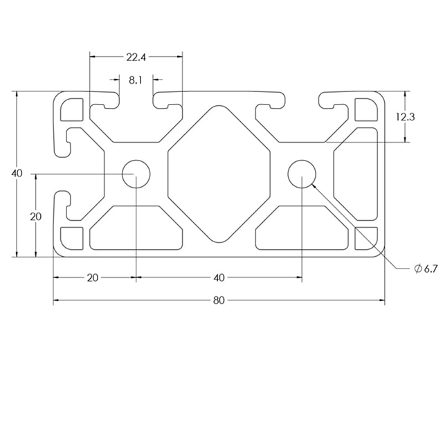 End view cross-section of a 4080 aluminum T-slot profile showing 40mm x 80mm dimensions with 3 open slots and 2 smooth architectural face