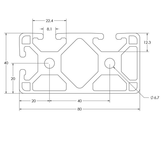 End view cross-section of a 4080 aluminum T-slot profile showing 40mm x 80mm dimensions with 3 open slots and 2 smooth architectural face