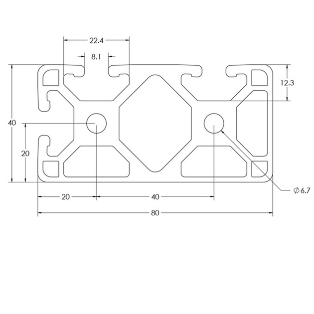 End view cross-section of a 4080 aluminum T-slot profile showing 40mm x 80mm dimensions with 3 open slots and 2 smooth architectural face