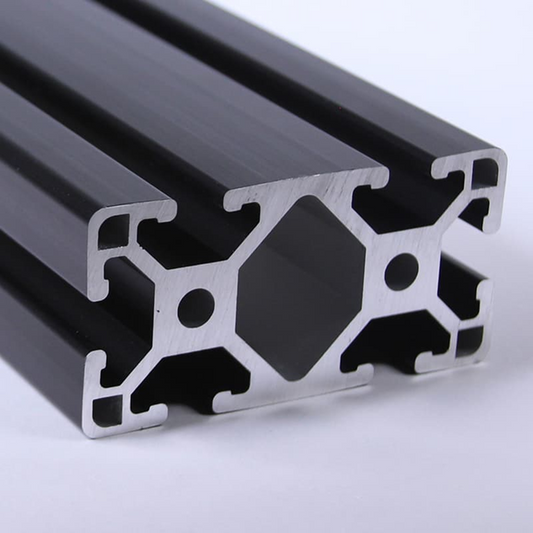 Cross-section of 4080 aluminum T-slot profile showing 40mm x 80mm dimensions and 6-slot mounting configuration in black finish