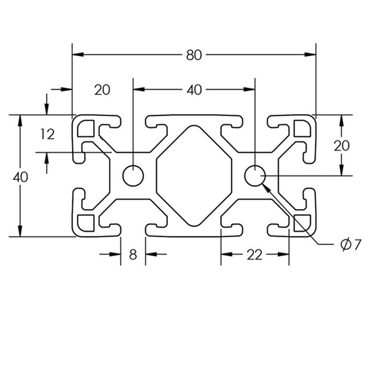 Cross-section of 4080 aluminum T-slot profile showing 40mm x 80mm dimensions and 6-slot mounting configuration in black finish