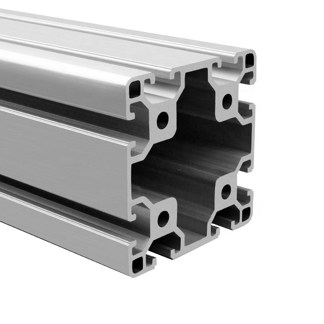 End view of 8080 silver aluminum T-slot profile extrusion showing 80mm x 80mm dimensions and 8-slot configuration.