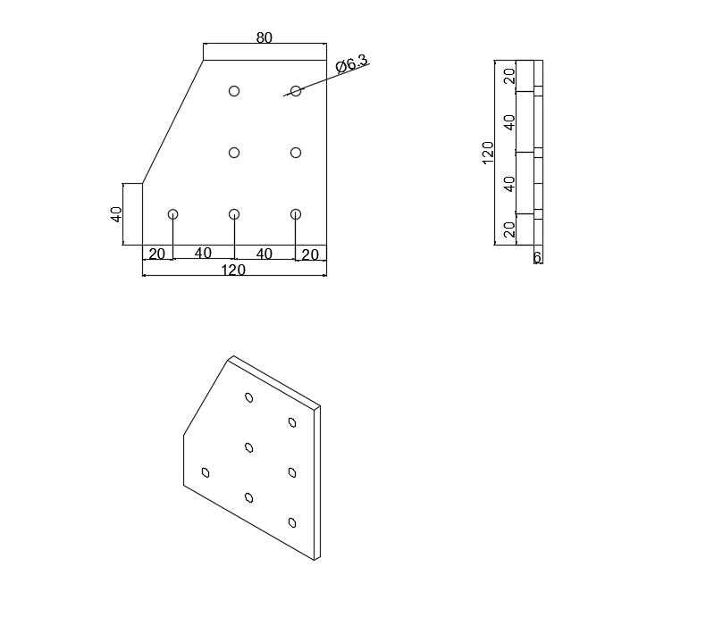 Dimensions for heavy-duty 7-hole 90-degree flat L-shape joining plate for 4040 to 4080 series T-slot aluminium extrusion, reinforced steel corner transition connector