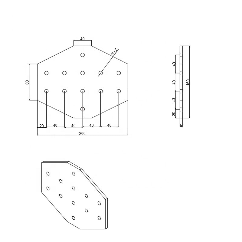Dimensions for heavy-duty 12-hole cross-shape flat joining plate for 4040 to 4080 series T-slot aluminium extrusion, reinforced steel connector for structural intersections