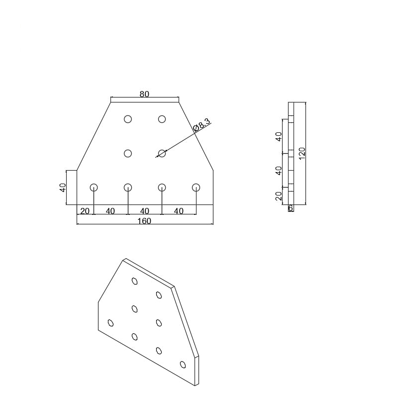 Dimensions for heavy-duty 8-hole Tee shape flat joining plate for 4040 and 4080 series T-slot aluminium extrusion, reinforced steel T-junction connector