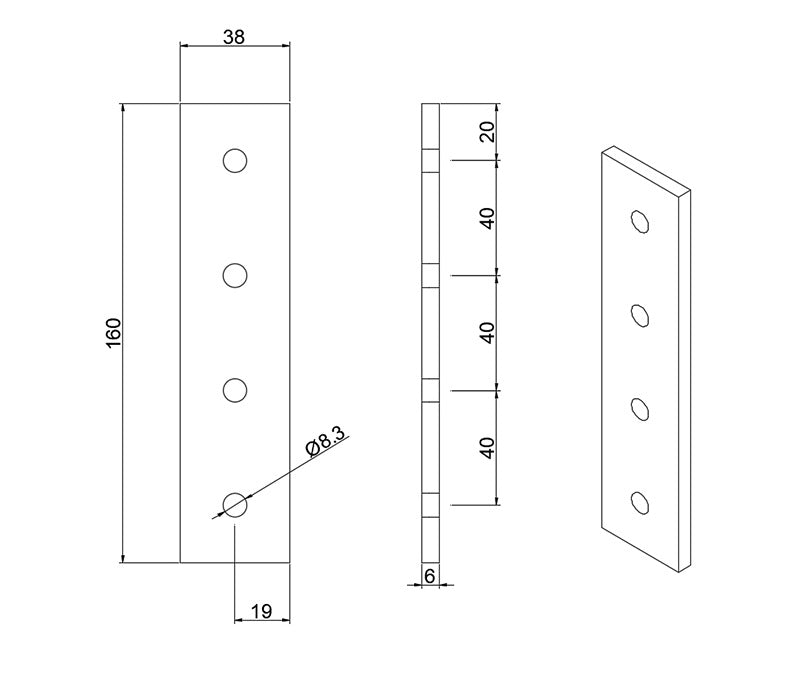 Dimensions-heavy-duty 4-hole rectangular flat joining plate for 4040 series T-slot aluminium extrusion, silver anodized steel splice connector