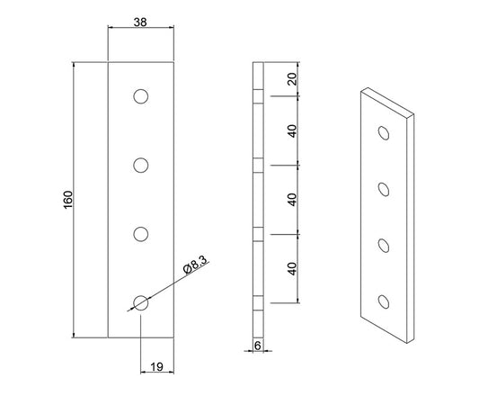 Dimensions-heavy-duty 4-hole rectangular flat joining plate for 4040 series T-slot aluminium extrusion, silver anodized steel splice connector