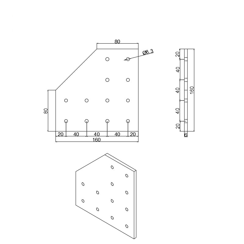Dimensions for Extra-heavy-duty 12-hole 90-degree flat L-shape joining plate for 4080 and 8080 series T-slot aluminium extrusion, maximum strength steel corner reinforcement