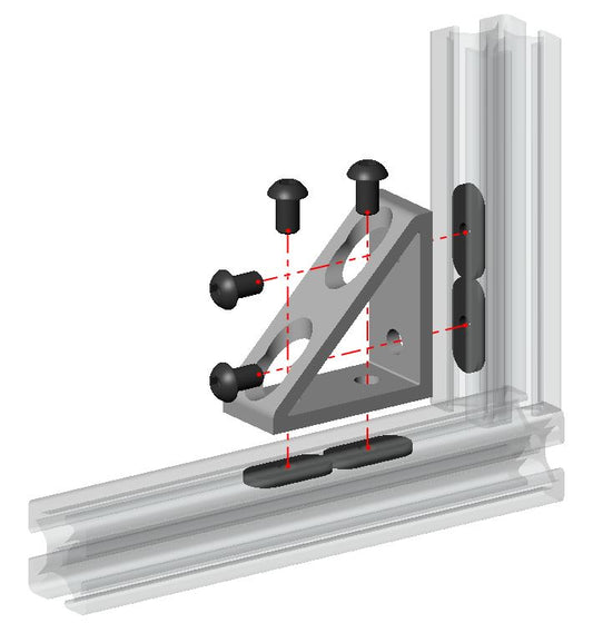 Heavy-duty 4040 series 4-hole tall inside corner bracket with reinforcement gusset, die-cast aluminium for T-slot extrusion joints