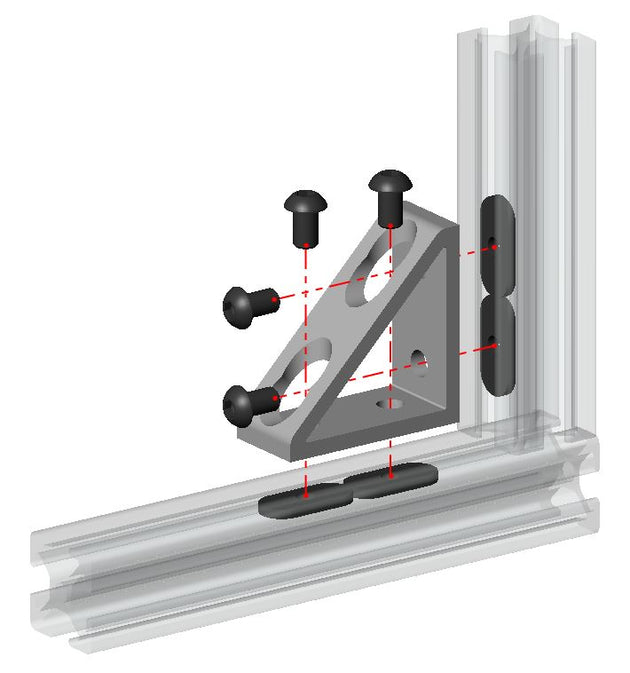 Heavy-duty 4040 series 4-hole tall inside corner bracket with reinforcement gusset, die-cast aluminium for T-slot extrusion joints