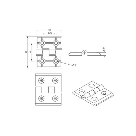4040-T-Slot Die Cast Zinc Powder Coated Silver Lift-Off Door Hinge - Short Style