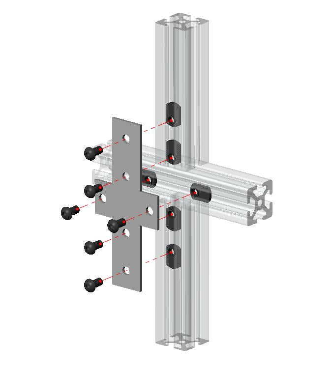 Matte black powder coated steel cross-shape flat plate for reinforcing 2020, 2525, and 4040 T-slot aluminum extrusion joints.