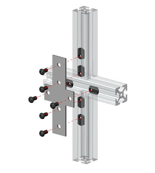 Matte black powder coated steel cross-shape flat plate for reinforcing 2020, 2525, and 4040 T-slot aluminum extrusion joints.