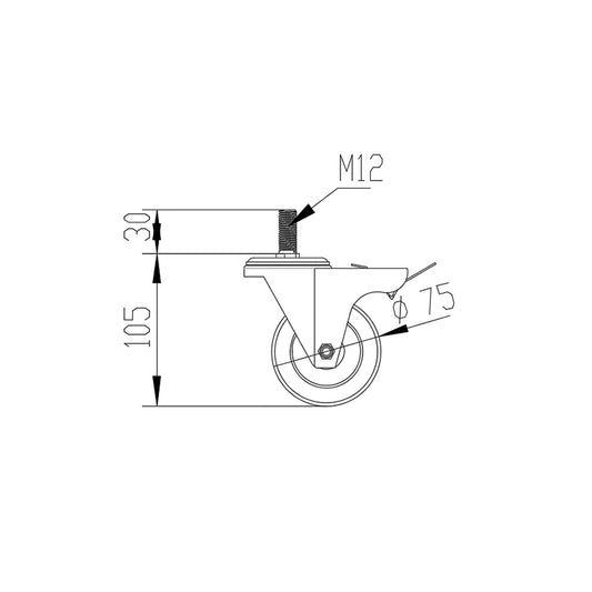 75mm Super-Duty High-Grade Rubber Castor Wheels M12x30mm Stud - Heavy Duty 100kg Load Capacity