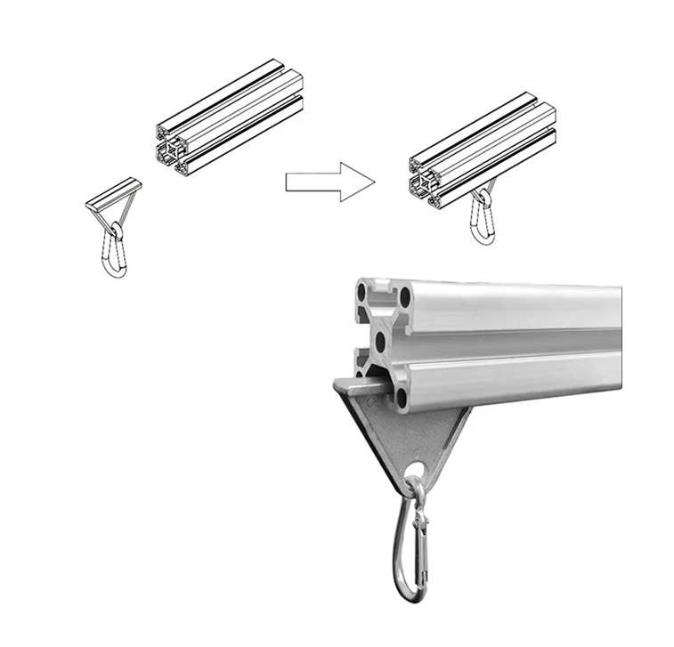 Heavy-duty aluminum alloy sliding tool hanger with a steel carabiner hook mounted in a 4040 T-slot aluminum extrusion
