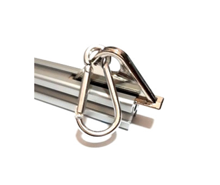 Heavy-duty aluminum alloy sliding tool hanger with a steel carabiner hook mounted in a 4040 T-slot aluminum extrusion
