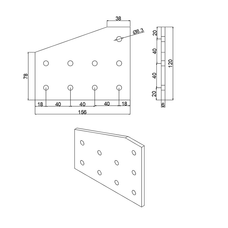 dimensions-Heavy-duty 9-hole 90-degree flat L-shape joining plate for 4040 to 4080 series T-slot aluminium extrusion, reinforced steel corner transition connector