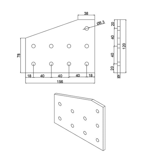 dimensions-Heavy-duty 9-hole 90-degree flat L-shape joining plate for 4040 to 4080 series T-slot aluminium extrusion, reinforced steel corner transition connector