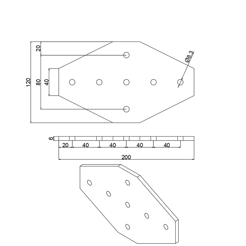 dimensions for 7-hole cross-shape flat joining plate for 4040 series T-slot aluminium extrusion, silver steel 4-way intersection reinforcemen