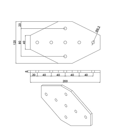 dimensions for 7-hole cross-shape flat joining plate for 4040 series T-slot aluminium extrusion, silver steel 4-way intersection reinforcemen