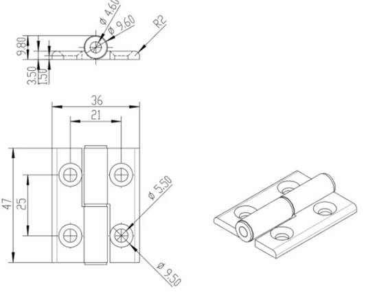 2020-T-Slot CNC'D Aluminum Lift-Off Door Hinge RHS - Long style