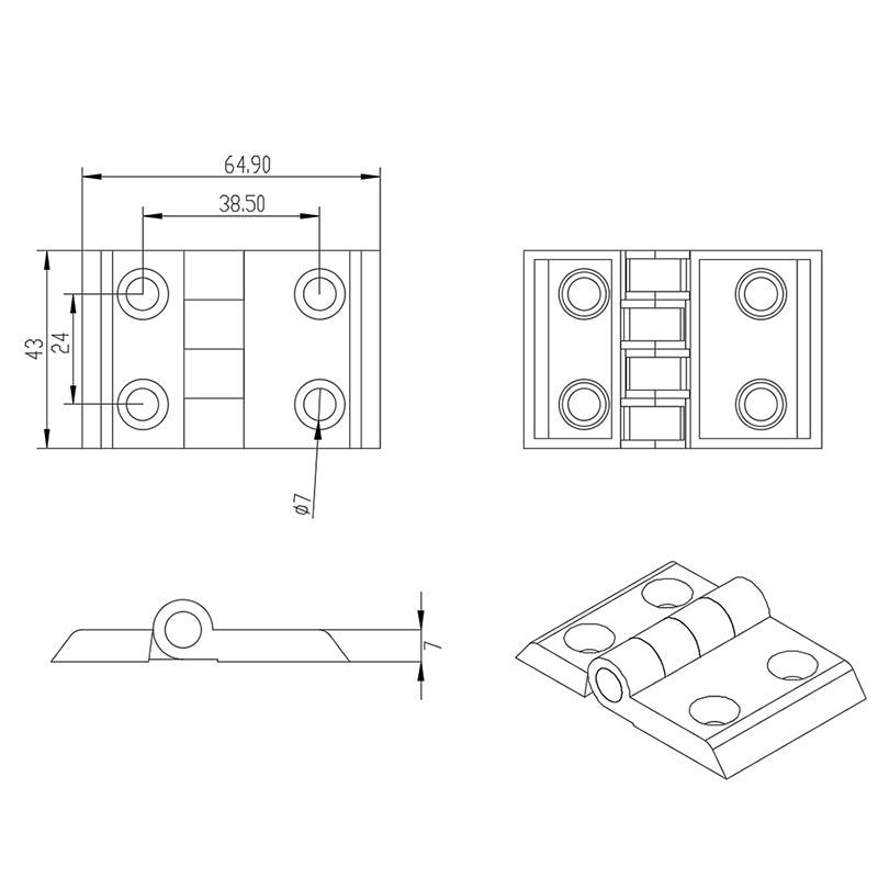 3045-T-Slot Die Cast Zinc Powder Coated Silver Standard Door Hinge - Short Style