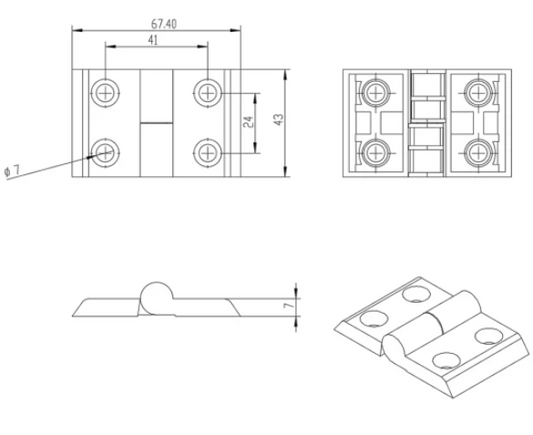 4040-T-Slot Die Cast Zinc Powder Coated Silver Door Hinge RHS - Short Style
