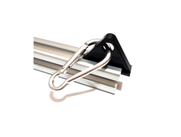 Black nylon sliding tool hanger with a metal carabiner hook installed in the channel of a 4040 aluminum T-slot extrusion