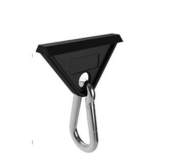 Black nylon sliding tool hanger with a metal carabiner hook installed in the channel of a 4040 aluminum T-slot extrusion