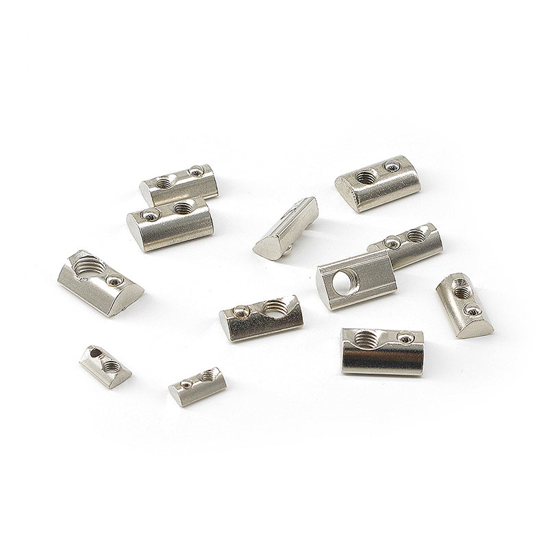 Zinc-plated roll-in T-nut with spring-loaded ball bearing for vertical positioning in T-slot aluminum extrusion profiles