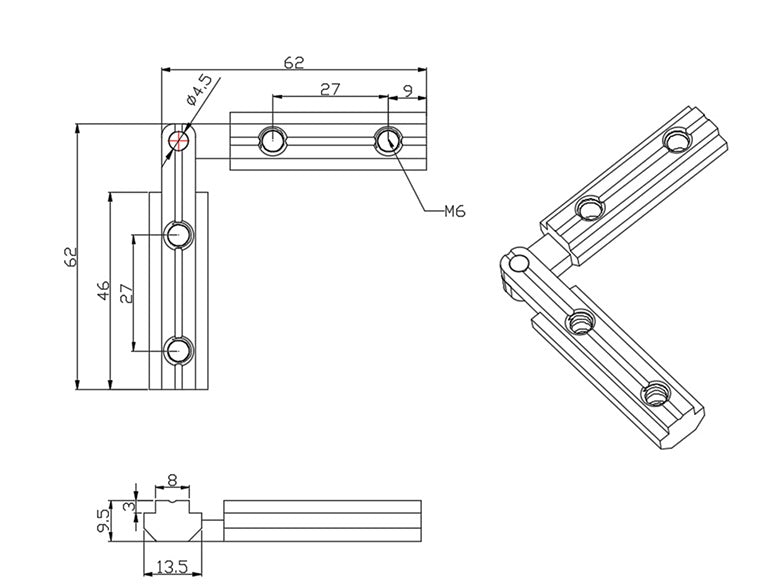 4040 Concealed 90 deg inside corner any angle connector die-cast, zinc-plated