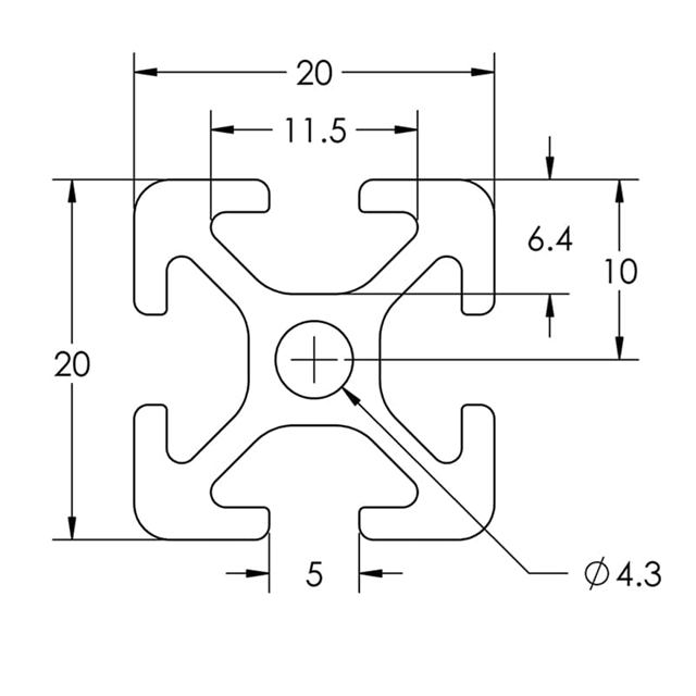 2020 Aluminum T-Slot Profile - 20mm x 20mm with 4 slots