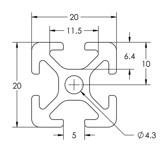 2020 Aluminum T-Slot Profile - 20mm x 20mm with 4 slots