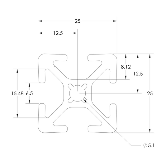 2525 Aluminum T-Slot Profile - 25mm x 25mm with 4 Slots