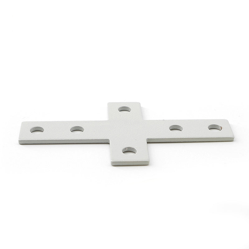 Matte black powder coated steel cross-shape flat plate for reinforcing 2020, 2525, and 4040 T-slot aluminum extrusion joints dimensions