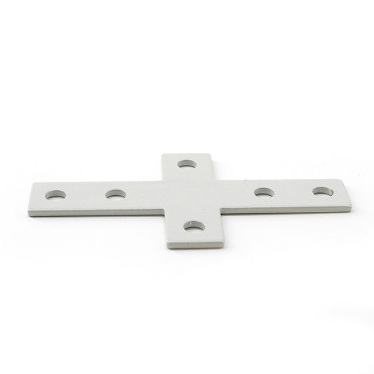 Matte black powder coated steel cross-shape flat plate for reinforcing 2020, 2525, and 4040 T-slot aluminum extrusion joints dimensions